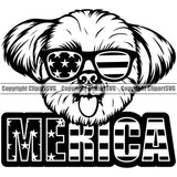 Shih Tzu Dog Wearing Sunglasses With Merica Text Smile Face Design Element Puppy Pup Head Purebred Pedigree Canine K-9 K9 Animal Portrait Doggy Face Cute Body Vector Clipart SVG