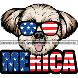 Shih Tzu Dog Wearing Sunglasses With Merica Color Design Element Text Smile Face Puppy Pup Head Purebred Pedigree Canine K-9 K9 Animal Portrait Doggy Face Cute Body Vector Clipart SVG