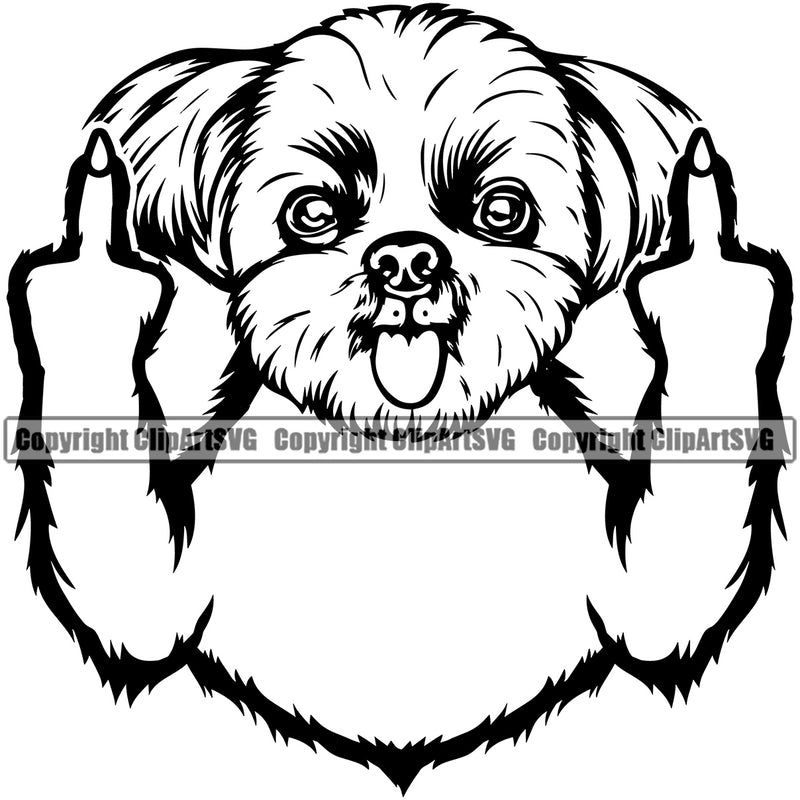 Shih Tzu Dog Middle Finger Hand Sign Design Element Puppy Pup Smile Face Head Purebred Pedigree Canine K-9 K9 Animal Portrait Doggy Face Cute Body Vector Clipart SVG