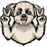 Shih Tzu Dog Peace Hand Sign Color Design Element Puppy Pup Head Purebred Pedigree Smile Canine K-9 K9 Animal Portrait Doggy Face Cute Body Vector Clipart SVG