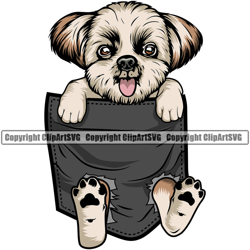 Shih Tzu Dog Hanging From Shirt Pocket Color Design Element Puppy Pup Head T-Shirt Purebred Pedigree Tshirt Canine K-9 K9 Animal Portrait Doggy Smile Face Cute Body Vector Clipart SVG