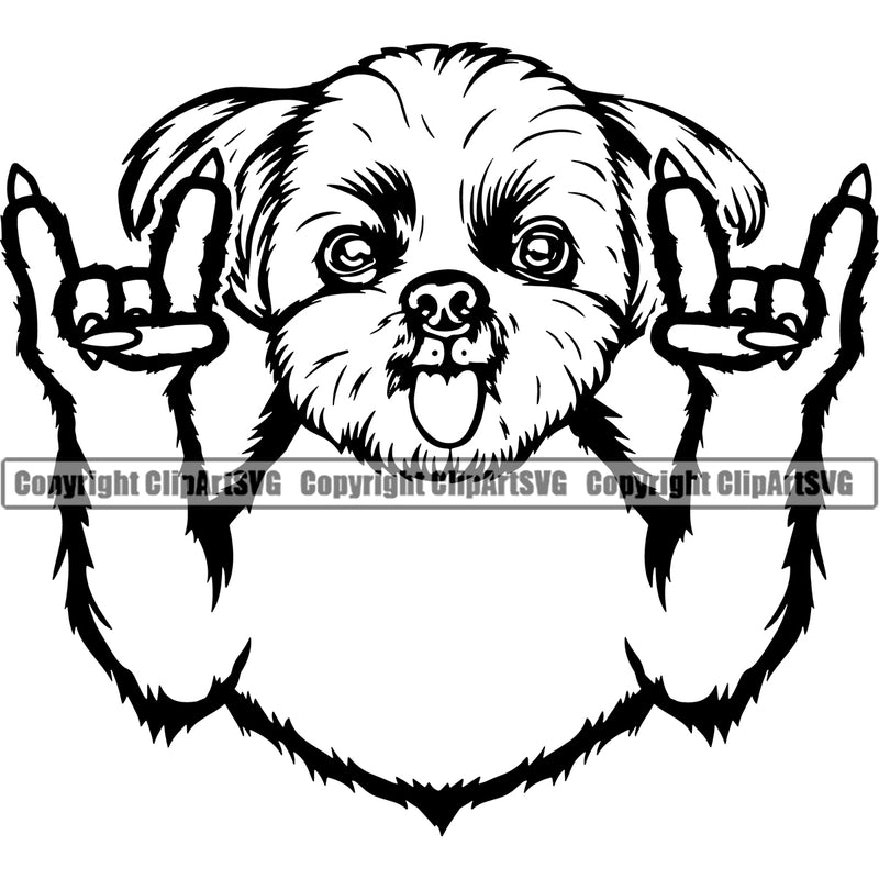 Shih Tzu Dog Rock And Roll Hand Sign Design Element Puppy Pup Head Purebred Pedigree Canine K-9 K9 Animal Portrait Doggy Smile Face Cute Body Vector Clipart SVG