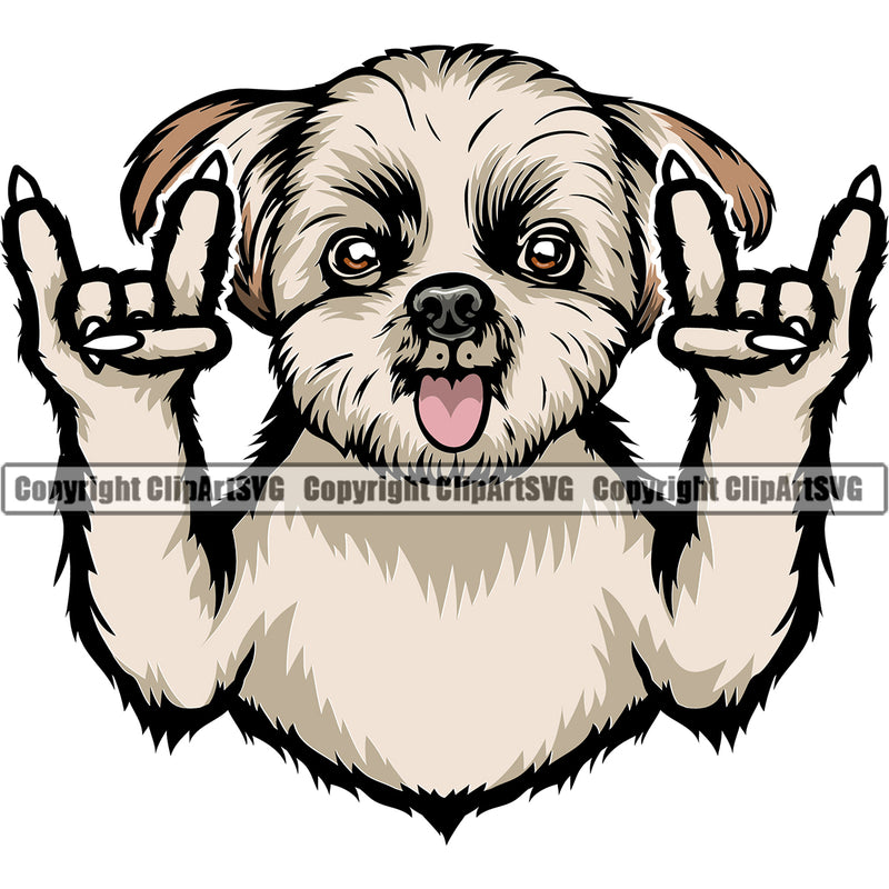 Shih Tzu Dog Rock And Roll Hand Sign Color Design Element Canine K-9 K9 Animal Portrait Doggy Smile Face Cute Body Vector Puppy Pup Head Purebred Pedigree Clipart SVG