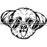 Shih Tzu Dog Wearing Sunglasses Sun Heart Design Element Puppy Pup Head Purebred Pedigree Canine K-9 K9 Animal Portrait Doggy Smile Face Cute Body Vector Clipart SVG