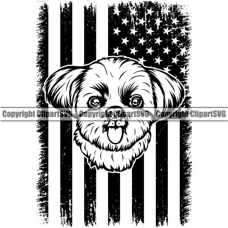 Shih Tzu Dog Under USA Flag Design Element Puppy Pup Head Purebred Pedigree Canine K-9 K9 Animal Portrait Doggy Smile Face Cute Body Vector Clipart SVG