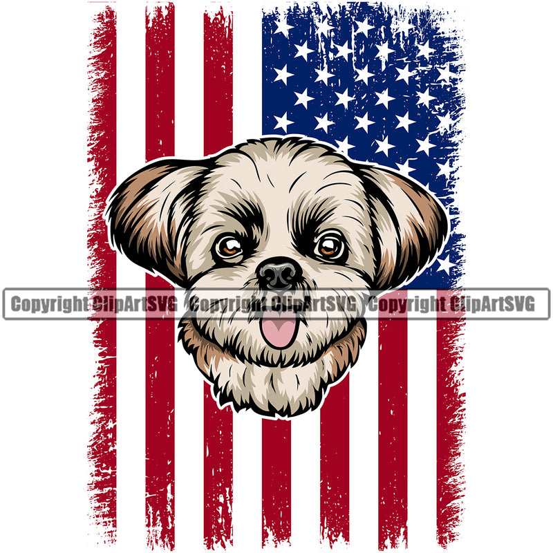 Shih Tzu Dog Under USA Flag Color Design Element Purebred Pedigree Canine K-9 K9 Animal Portrait Doggy Smile Face Cute Body Puppy Pup Head Vector Clipart SVG