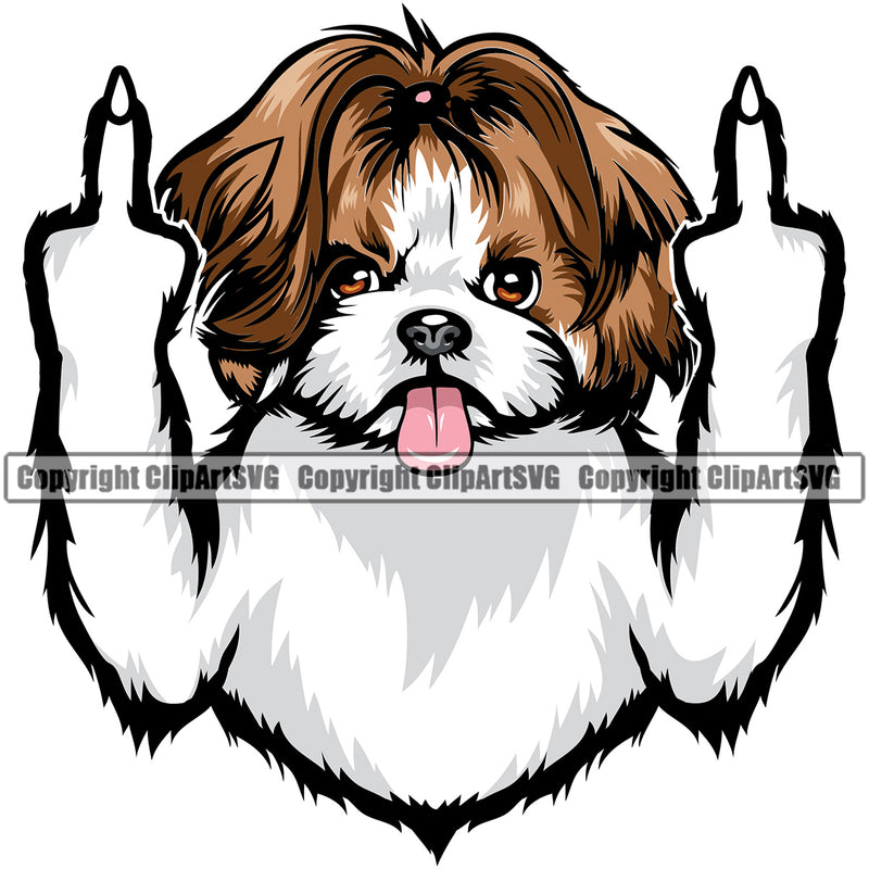 Shih Tzu Dog Middle Finger Color Head Design Element Puppy Pup Purebred Pedigree Canine K-9 K9 Animal Portrait Doggy Smile Face Cute Body Vector Clipart SVG
