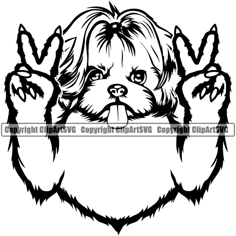 Shih Tzu Dog Peace Hand Sign Design Element Puppy Head Purebred Pedigree Canine K-9 K9 Doggy Smile Face Cute Body Animal Portrait Vector Clipart SVG