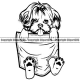 Shih Tzu Dog Hanging From Shirt Pocket Design Element Puppy Pup Head T-Shirt Tshirt Purebred Pedigree Canine K-9 K9 Animal Portrait Doggy Smile Face Cute Body Vector Clipart SVG
