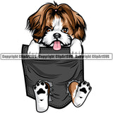 Shih Tzu Dog Hanging From Shirt Pocket Color Design Element Puppy Pup Head Purebred Pedigree Canine K-9 K9 Animal Portrait Doggy T-Shirt Tshirt Smile Face Cute Body Vector Clipart SVG
