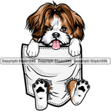 Shih Tzu Dog Hanging From Shirt Pocket Color Design Element Puppy Pup Doggy Smile Face Cute Head Purebred Pedigree Canine K-9 K9 Animal Portrait Body Vector Clipart SVG