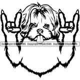 Shih Tzu Dog Rock And Roll Hand Sign Design Element Puppy Pedigree Canine K-9 K9 Animal Portrait Doggy Smile Face Cute Body  Head Purebred Vector Clipart SVG
