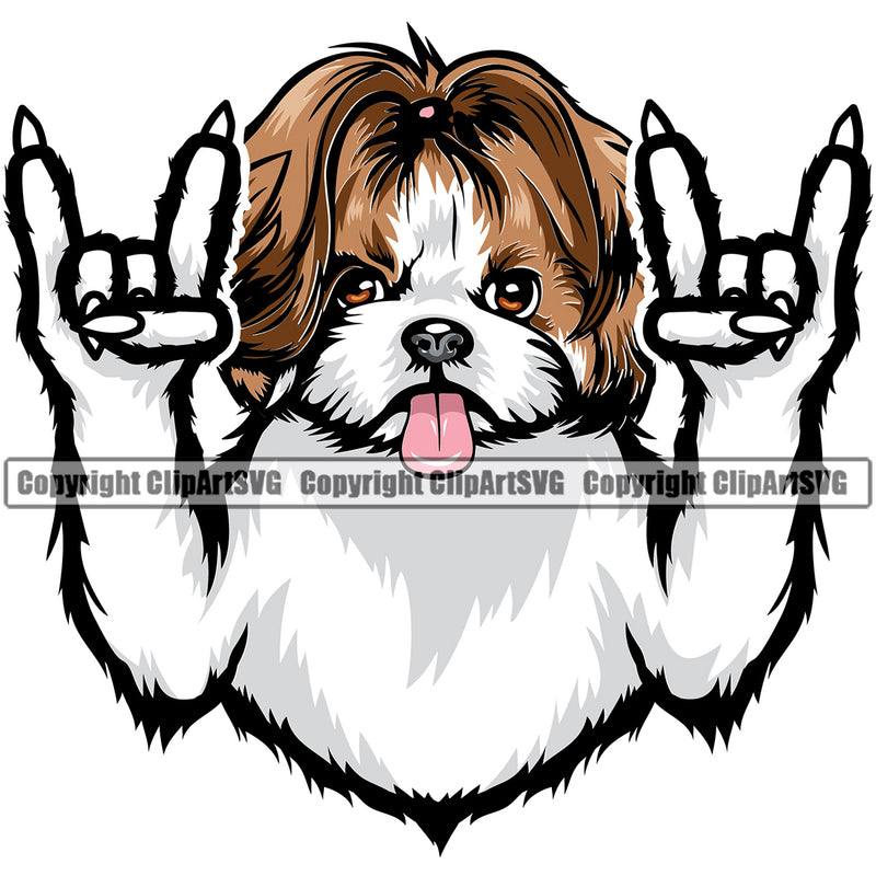Shih Tzu Dog Rock And Roll Hand Sign Design Element Puppy Pup Head Purebred Pedigree Doggy Smile Face Cute Body Canine K-9 K9 Animal Portrait Vector Clipart SVG