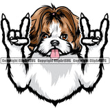 Shih Tzu Dog Rock And Roll Hand Sign Design Element Puppy Pup Head Purebred Pedigree Doggy Smile Face Cute Body Canine K-9 K9 Animal Portrait Vector Clipart SVG