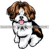 Shih Tzu Dog Sitting Color Design Element Puppy Pup Head Purebred Pedigree Canine K-9 K9 Animal Portrait Doggy Smile Face Cute Body Vector Clipart SVG