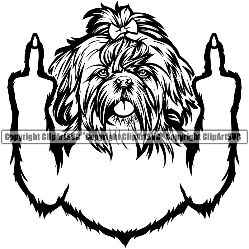 Shih Tzu Dog Middle Finger Hand Sing Design Element Puppy Pup Head Purebred Pedigree Canine K-9 K9 Animal Portrait Doggy Smile Face Cute Body Vector Clipart SVG