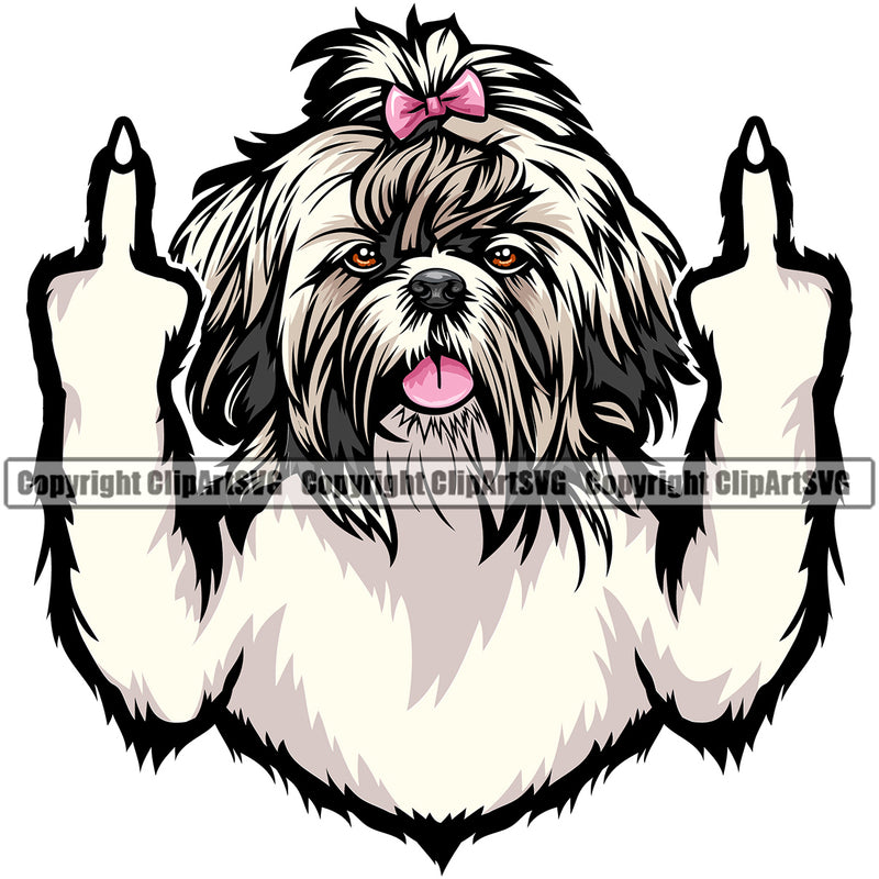 Shih Tzu Dog Middle Finger Color Design Element Puppy Head Purebred Pedigree Canine K-9 K9 Animal Portrait Doggy Smile Face Cute Body Vector Clipart SVG