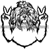Shih Tzu Dog Peace Hand Sign Design Element Puppy Head Purebred Pedigree Canine K-9 K9 Animal Portrait Doggy Smile Face Cute Body Vector Clipart SVG