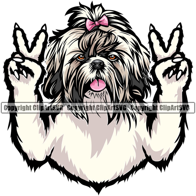 Shih Tzu Dog Peace Hand Sign Color Design Element Puppy Head Purebred Pedigree Canine K-9 K9 Animal Portrait Doggy Smile Happy Face Cute Body Vector Clipart SVG