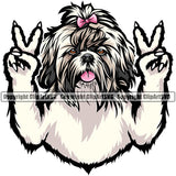 Shih Tzu Dog Peace Hand Sign Color Design Element Puppy Head Purebred Pedigree Canine K-9 K9 Animal Portrait Doggy Smile Happy Face Cute Body Vector Clipart SVG