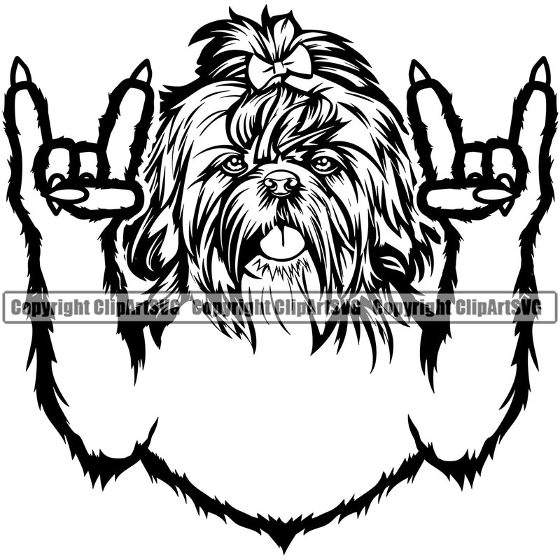 Shih Tzu Dog Rock And Roll Hand Sign Design Element Puppy Long Hair Pup Head Purebred Pedigree Canine K-9 K9 Animal Portrait Doggy Smile Face Cute Body Vector Clipart SVG