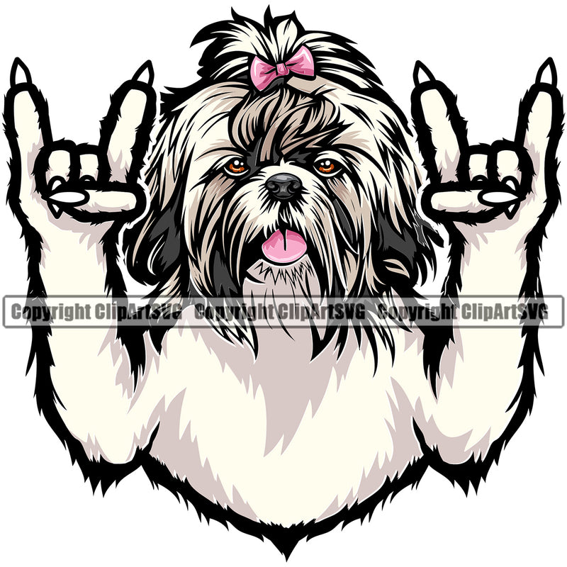 Shih Tzu Dog Rock And Roll Hand Sign Color Design Element Puppy Pup Head Purebred Pedigree Canine K-9 K9 Animal Portrait Doggy Smile Face Cute Body Long Hair Vector Clipart SVG