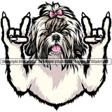 Shih Tzu Dog Rock And Roll Hand Sign Color Design Element Puppy Pup Head Purebred Pedigree Canine K-9 K9 Animal Portrait Doggy Smile Face Cute Body Long Hair Vector Clipart SVG