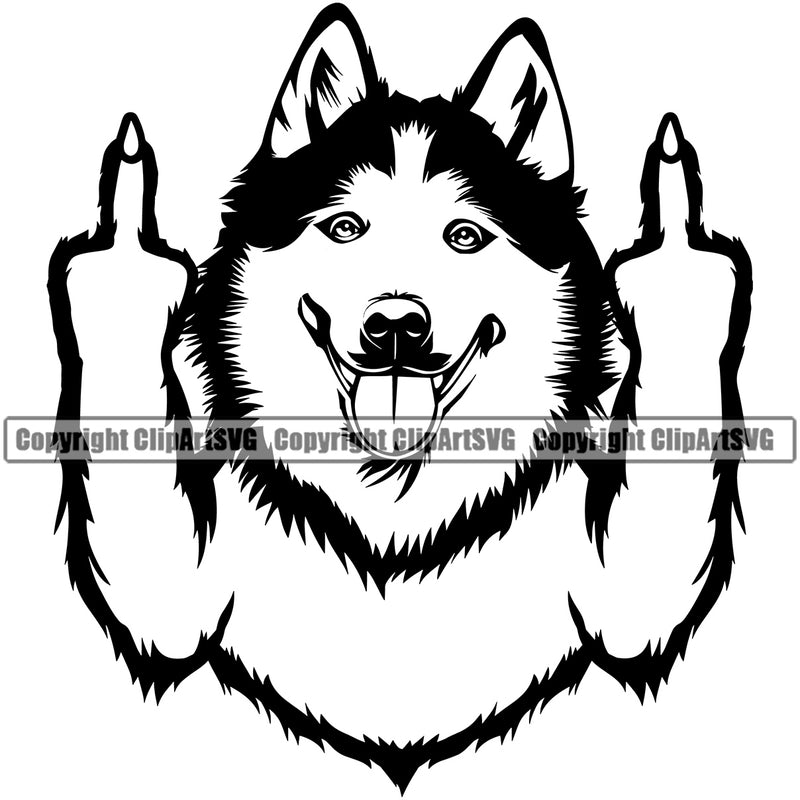 Siberian Husky Dog Middle Finger Hand Sign Design Element Puppy Head Purebred Pedigree Canine K-9 K9 Animal Portrait Doggy Smile Face Cute Body Vector Clipart SVG