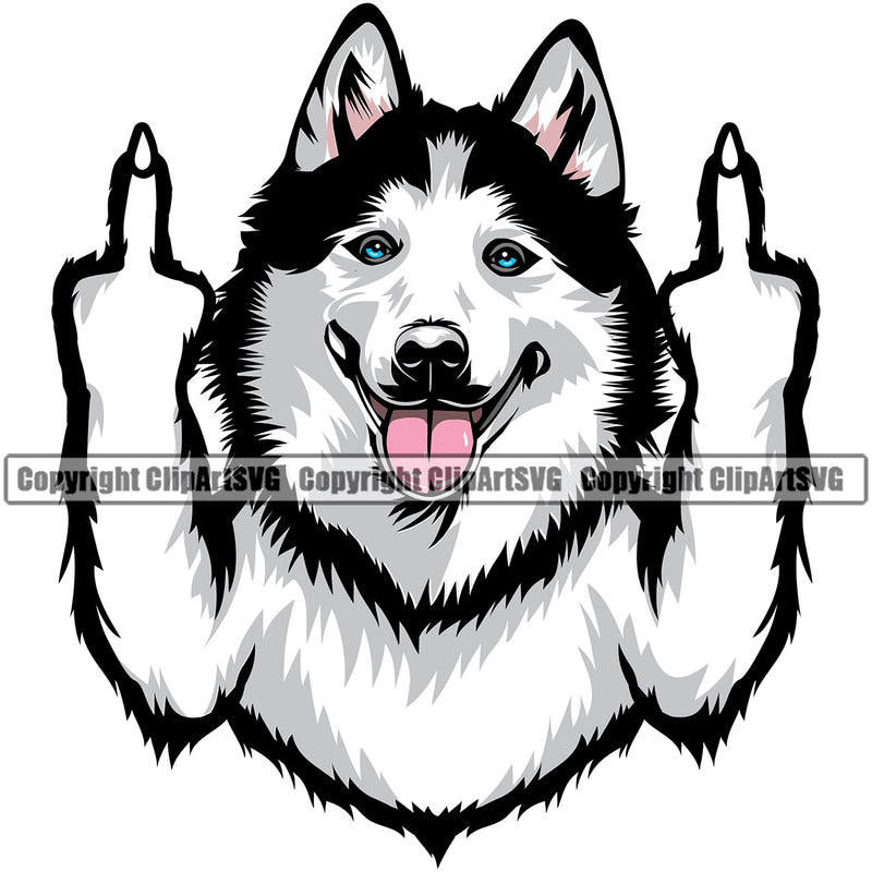 Siberian Husky Dog Middle Finger Hand Color Design Element Puppy Pup Head Purebred Pedigree Canine K-9 K9 Animal Portrait Doggy Smile Face Cute Body Vector Clipart SVG