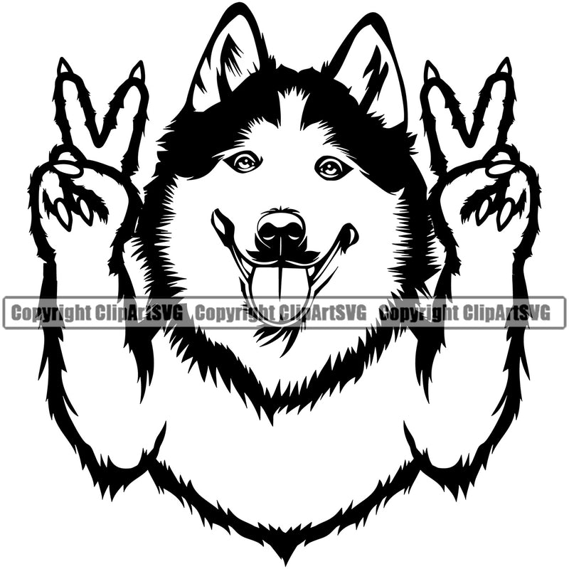 Siberian Husky Dog Peace Hand Sign Design Element Puppy Pup Head Purebred Pedigree Canine K-9 K9 Animal Portrait Doggy Smile Face Cute Body Vector Clipart SVG
