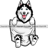 Siberian Husky Dog Hanging From Shirt Pocket T-Shirt Tshirt Color Design Element Puppy Pup Head Purebred Pedigree Canine K-9 K9 Animal Portrait Doggy Smile Face Cute Body Vector Clipart SVG