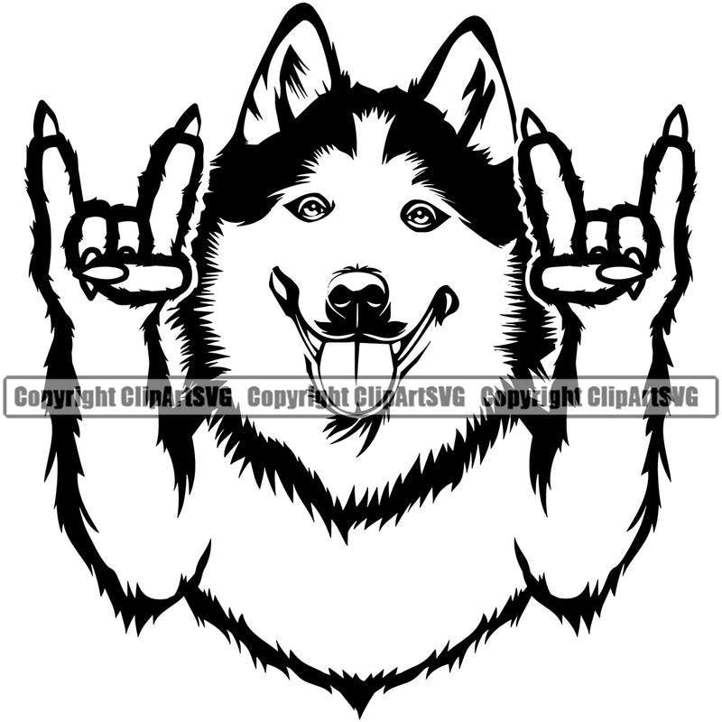 Siberian Husky Dog Rock And Roll Hand Sign Design Element Puppy Pup Head Purebred Pedigree Canine K-9 K9 Animal Portrait Doggy Smile Face Cute Body Vector Clipart SVG