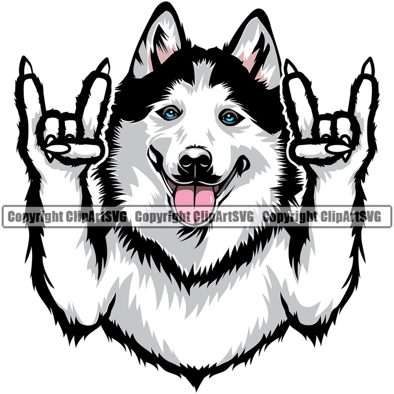 Siberian Husky Dog Rock And Roll Hand Sign Colo Head Design Element Puppy Pup Purebred Pedigree Canine K-9 K9 Animal Portrait Doggy Smile Face Cute Body Vector Clipart SVG
