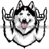 Siberian Husky Dog Rock And Roll Hand Sign Colo Head Design Element Puppy Pup Purebred Pedigree Canine K-9 K9 Animal Portrait Doggy Smile Face Cute Body Vector Clipart SVG