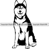 Siberian Husky Dog Sitting Design Element Puppy Pup Head Purebred Pedigree Canine K-9 K9 Animal Portrait Doggy Smile Face Cute Body Vector Clipart SVG