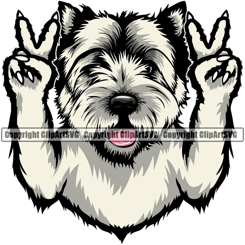 West Highland White Terrier Dog Peace Hand Sign Color Design Element Puppy Pup Head Purebred Pedigree Canine K-9 K9 Animal Portrait Doggy Smile Face Cute Body Vector Clipart SVG
