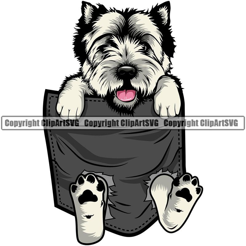 West Highland White Terrier Dog Hanging From Shirt Pocket Color Design Element T-Shirt Tshirt Puppy Pup Head Purebred Pedigree Canine K-9 K9 Animal Portrait Doggy Smile Face Cute Body Vector Clipart SVG