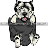 West Highland White Terrier Dog Hanging From Shirt Pocket Color Design Element T-Shirt Tshirt Puppy Pup Head Purebred Pedigree Canine K-9 K9 Animal Portrait Doggy Smile Face Cute Body Vector Clipart SVG