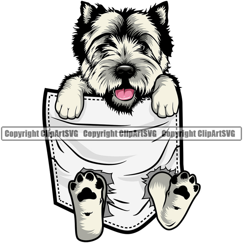 West Highland White Terrier Dog Hanging From Shirt Pocket Color Design Element Puppy Pup Head Purebred Pedigree Canine K-9 K9 Animal Portrait Doggy Smile Face Cute Body Vector Clipart SVG