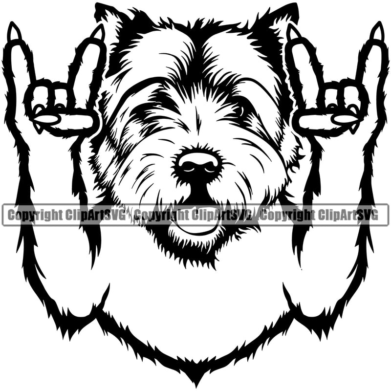 West Highland White Terrier Dog Rock And Roll Hand Sign Design Element Puppy Pup Head Purebred Pedigree Canine K-9 K9 Animal Portrait Doggy Smile Face Cute Body Vector Clipart SVG