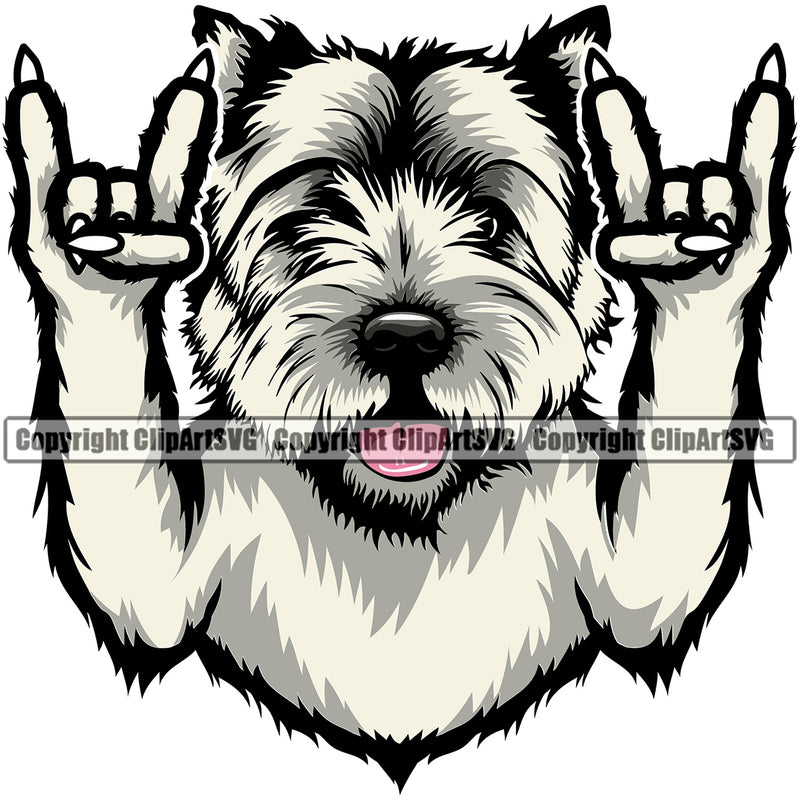 West Highland White Terrier Dog Rock And Roll Hand Sign Color Design Element Puppy Pup Head Purebred Pedigree Canine K-9 K9 Animal Portrait Doggy Smile Face Cute Body Vector Clipart SVG