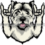 West Highland White Terrier Dog Rock And Roll Hand Sign Color Design Element Puppy Pup Head Purebred Pedigree Canine K-9 K9 Animal Portrait Doggy Smile Face Cute Body Vector Clipart SVG