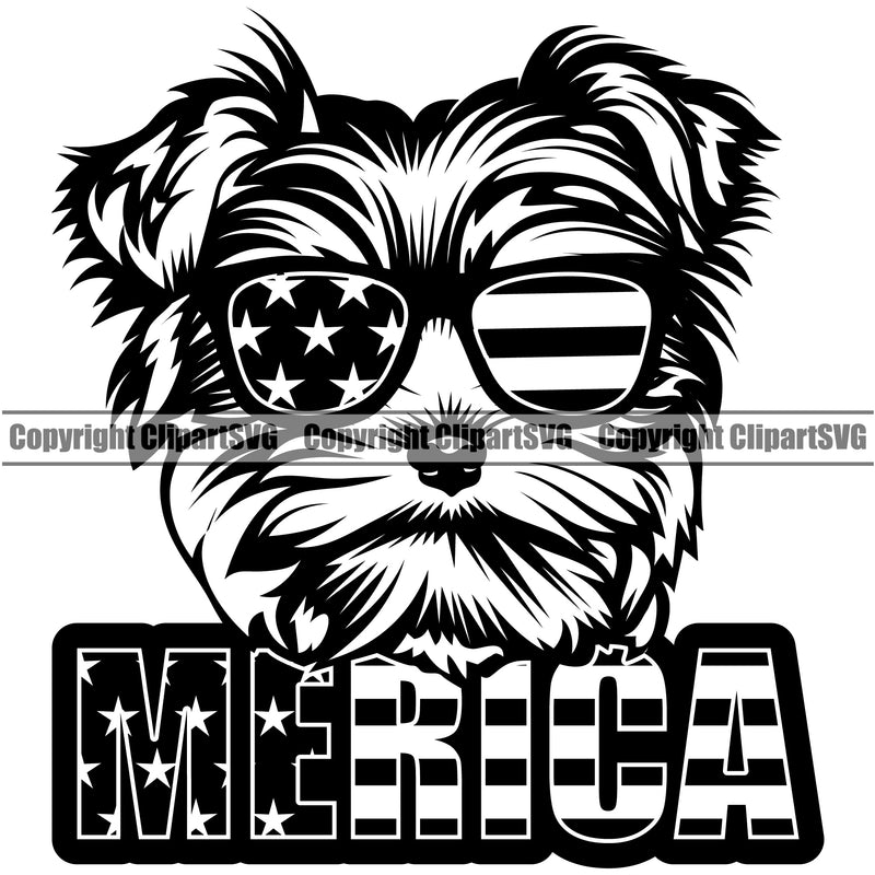 Yorkie Dog Wearing Sunglasses With Merica Text USA Flag Design Element Puppy Pup Head Purebred Pedigree Canine K-9 K9 Animal Portrait Doggy Smile Face Cute Body Vector Clipart SVG