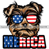 Yorkie Dog Wearing Sunglasses With Merica Color Text Design Element Puppy Pup Head Purebred Pedigree Canine K-9 K9 Animal Portrait Doggy Smile Face Cute Body Vector Clipart SVG