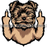 Yorkie Dog Middle Finger Hand Sign Color Brown Design Element Puppy Pup Head Purebred Pedigree Canine K-9 K9 Animal Portrait Doggy Smile Face Cute Body Vector Clipart SVG