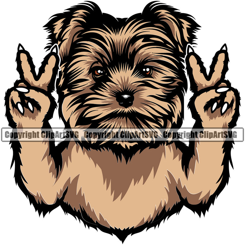 Yorkie Dog Peace Hand Sign Brown Color Design Element Puppy Pup Head Purebred Pedigree Canine K-9 K9 Animal Portrait Doggy Smile Face Cute Body Vector Clipart SVG