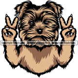 Yorkie Dog Peace Hand Sign Brown Color Design Element Puppy Pup Head Purebred Pedigree Canine K-9 K9 Animal Portrait Doggy Smile Face Cute Body Vector Clipart SVG