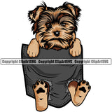 Yorkie Dog Hanging From Shirt Pocket Color Design Element Tshirt T-Shirt  Puppy Pup Head Purebred Pedigree Canine K-9 K9 Animal Portrait Doggy Smile Face Cute Body Vector Clipart SVG