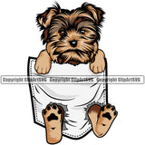 Yorkie Dog Hanging From Shirt Pocket Design Element Puppy Pup Tshirt T-Shirt Head Purebred Pedigree Canine K-9 K9 Animal Portrait Doggy Smile Face Cute Body Vector Clipart SVG