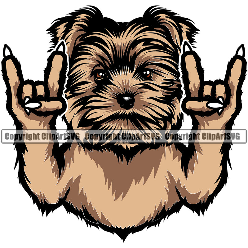 Yorkie Dog Rock And Roll Hand Sign Brown Color Design Element Puppy Pup Head Purebred Pedigree Canine K-9 K9 Animal Portrait Doggy Smile Face Cute Body Vector Clipart SVG